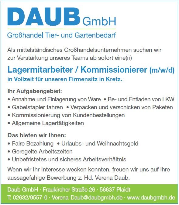DAUB GmbH | Stellenanzeige Lagermitarbeiter / Kommissionierer
